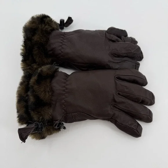 Swany Brown Genuine Leather Gloves With Faux Leopard Fur Trim Womens Size Medium - Picture 4 of 5